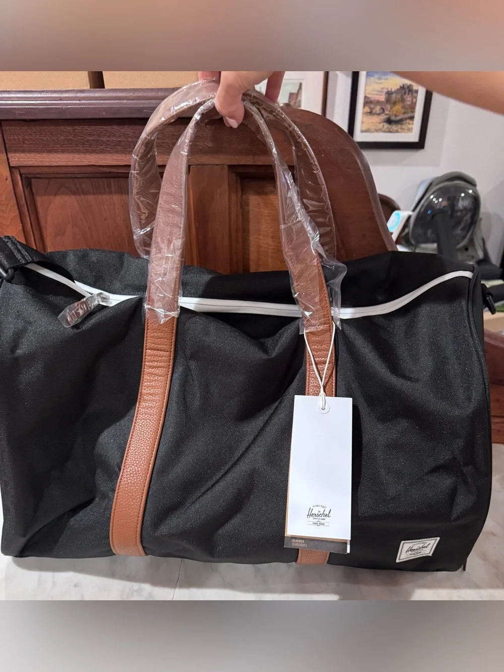 *NWT* Herschel Supply Company Novel Black Duffel with Brown Leather Handles